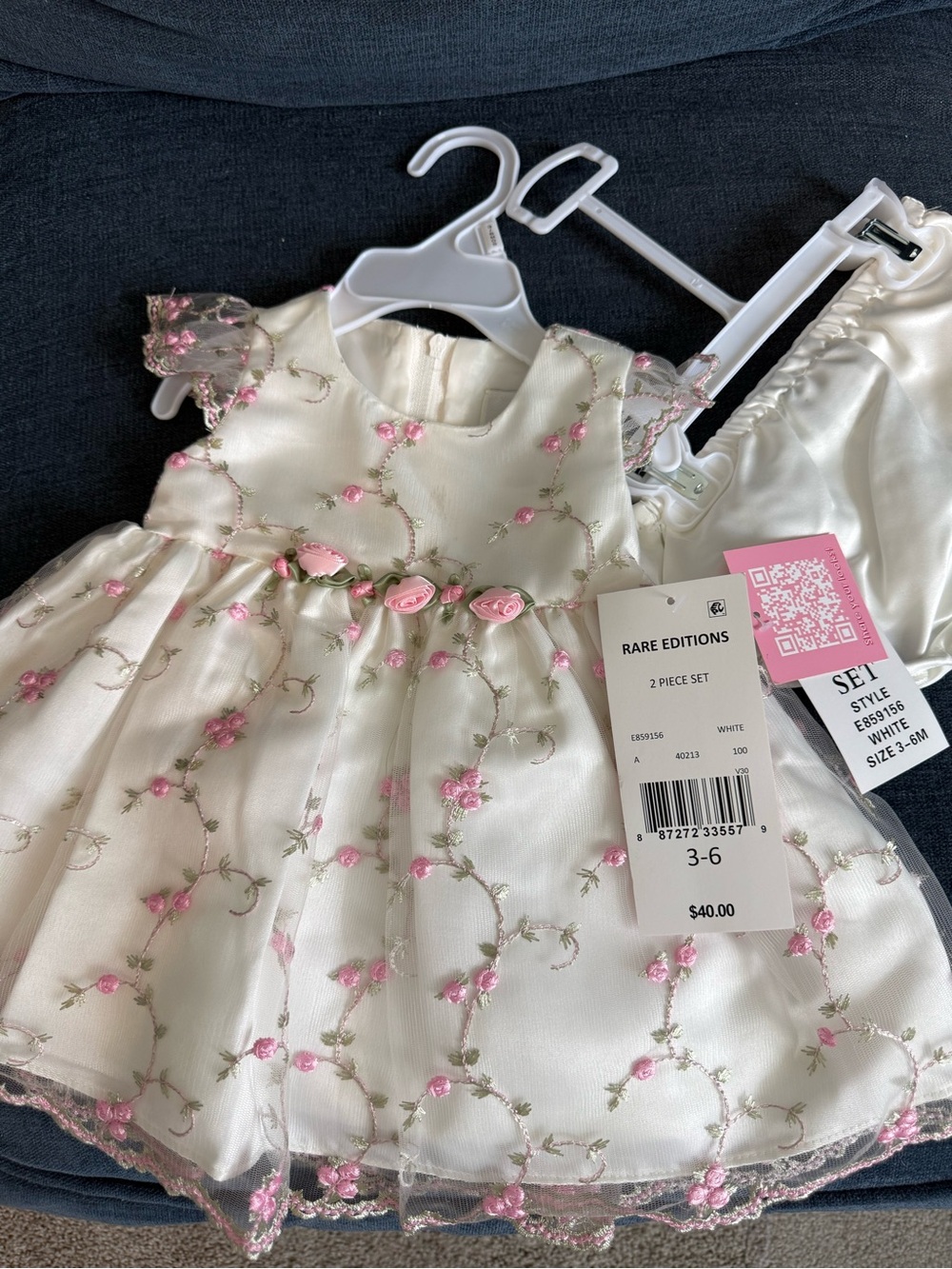 Rare Editions White and Pink Embroidered Floral Dress Set